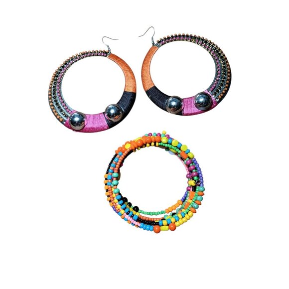 Mod Hippie Boho Beaded Bracelet and Giant Colorful Rhinestone Earrings Costume - Picture 6 of 8